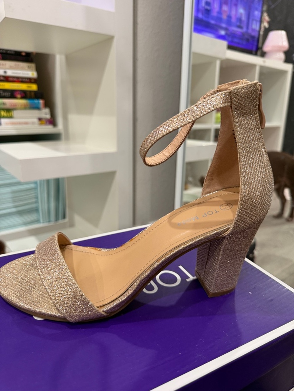 TOP Moda Glitter Ankle-Strap Block Heel Sandal in Rose